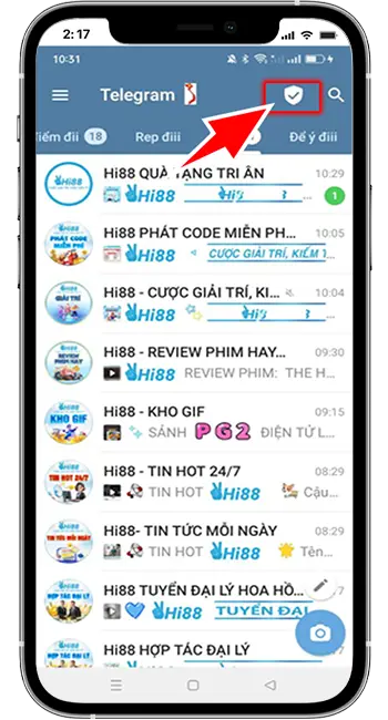 Bước 3: Kiểm tra Proxy đã kết nối trong Telegram tại hình khiên bảo vệ góc trên bên phải màn hình